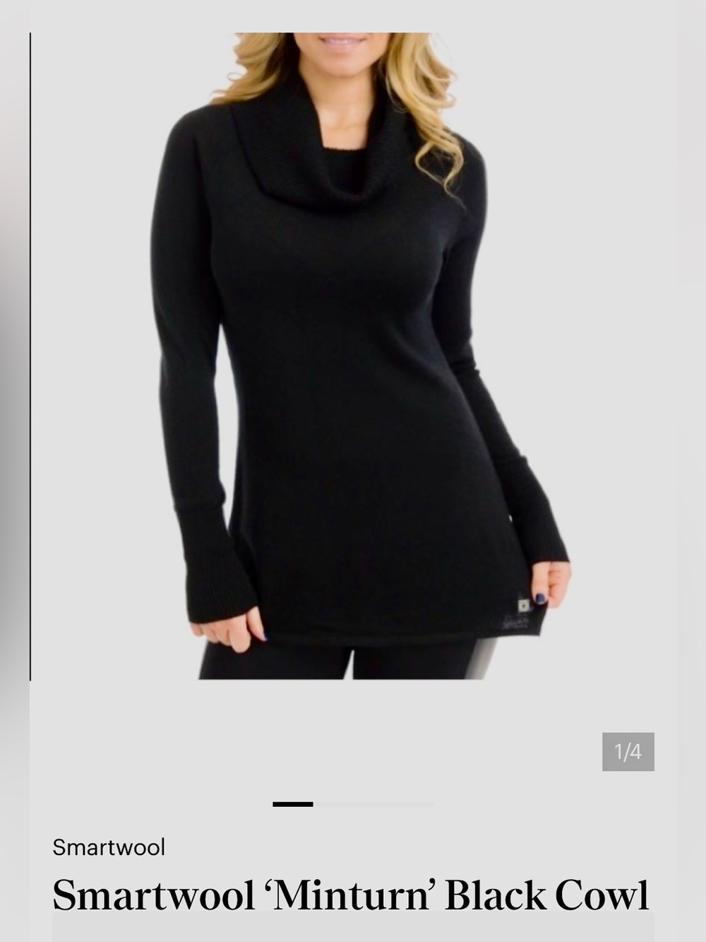 Smartwool “Minturn” Black Cowl Neck Women's Sweater, 100% Merino Wool